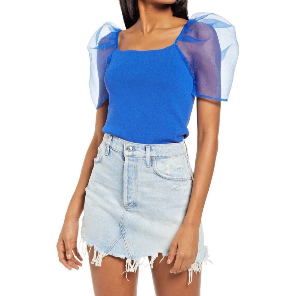 Endless Rose Blue Sheer Puff Sleeve Blouse